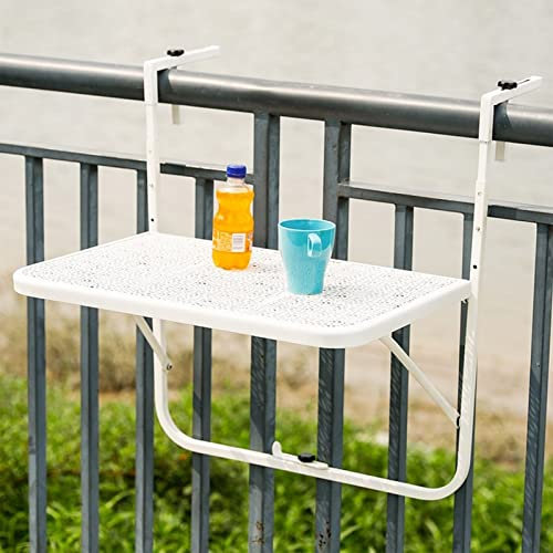 Scrivania pieghevole da parete per ringhiera per balcone, in ferro battuto, multifunzione, con mensola sospesa, per esterni, comodo porta tè e caffè, design bianco