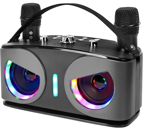 [Newest] Karaoke Machine With 2 Wireless Microphones, Owls Portable Bass/Treble Bluetooth Karaoke Speaker with LED Disco Light Effects - Support TV/USB/AUX/TF/FM for Party, Birthday, Indoors/Outdoors