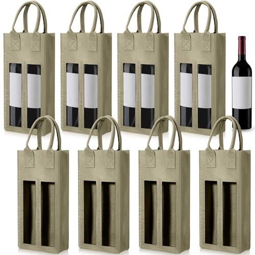 Vincreem 8 Pcs Double Wine Bag with Window Felt Wine Carrier Tote with Handle Reusable Bottle Gift Bag for Travel Camping Wedding Birthday Christmas Thanksgiving Party(Beige)