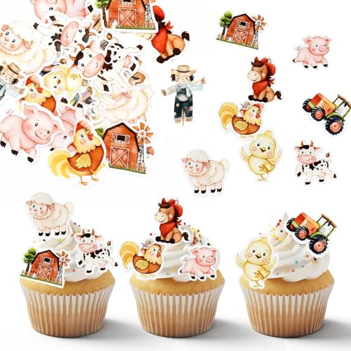45 Stück Tortendeko Bauernhof Geburtstag Deko, Essbare Bauernhof Cupcake Toppers,Esspapier Traktor Tortendeko Geburtstag,Nutztiere Muffin Deko Kindergeburtstag Dekoration Zubehör ﻿