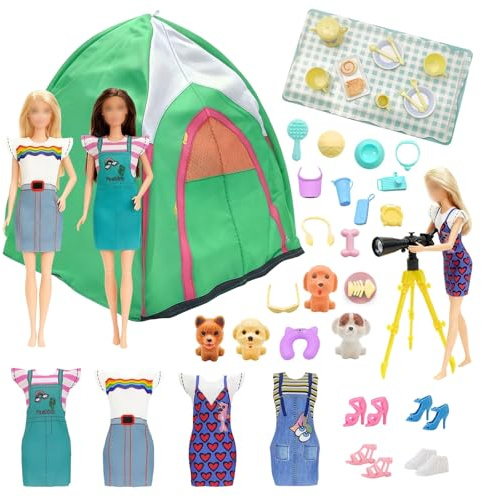 43 Pcs Dolls Travel Camping Tent Compatible with Barbie, 11.5 Inch Dolls Accessories with 1 Doll Tent 4 Dress 4 Shoes 4 Mini Puppy 7 Pet 1 Supplies Binoculars 14 Afternoon Tea 8 Travel Goods
