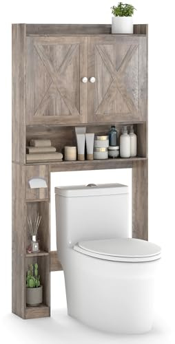 COSTWAY Meuble Toilette Étagère WC, Double Porte, Étagère Réglable, Porte-Papier Toilette, Meuble WC Rangement Gain de Place, 81,5 x 19,5 x 172,5, pour Salle de Bain, Buanderie (Gris Vieilli)
