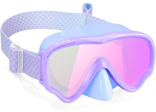 Vvinca Kids Swim Goggles with Nose Cover & Tangle-Free Fabric Strap - Anti-Fog/UV Waterproof Swimming Mask for Boys Girls 3-15, Wide View Snorkel Gear with Soft Silicone Seal, Mermaid Scales