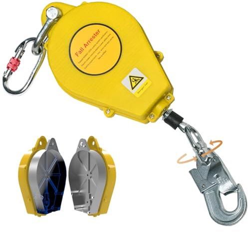 Aocay Harnais de Securite Anti Chute Toiture, 150 kg Dispositif Antichute a Rappel Automatique 10m/15m/20m, Stop Chute Toiture à Rappel Automatique avec Crochet Rotation(Jaune,15 Mètres)