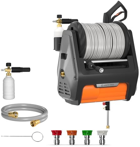 Giraffe Tools Grandfalls Retractable Pressure Washer Pro, Wall Mount Pressure Washer, Electric Power Washer, Automatic Rewind, Max 2900PSI 2.2GPM, Dark Silver Case with 100ft Pressure Hoses