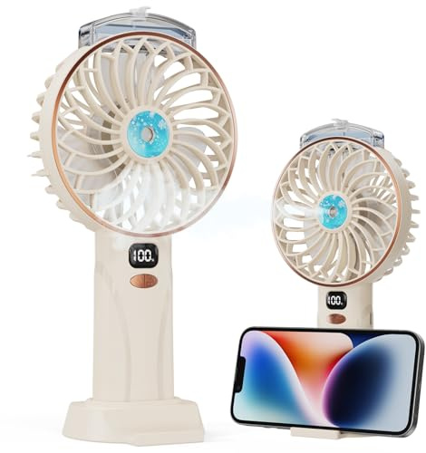 Ventilateur Pulvérisateur à Main, Mini Ventilateurs USB Rechargeables, 5 Vitesses avec Écran LED, Base Détachable, Puissant et Silencieux Fan, Idéal pour Maison, Bureau, Dortoir ou Voyages, Beige