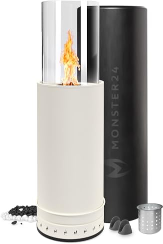 Monster24 Standkamin, rund, freistehend, 87 x 27 x 27 cm, Pellet Terrassenheizer für Outdoor, Terrassenofen mit 360° Flammenspiel, ideal als Terrassenkamin und Bodenkamin