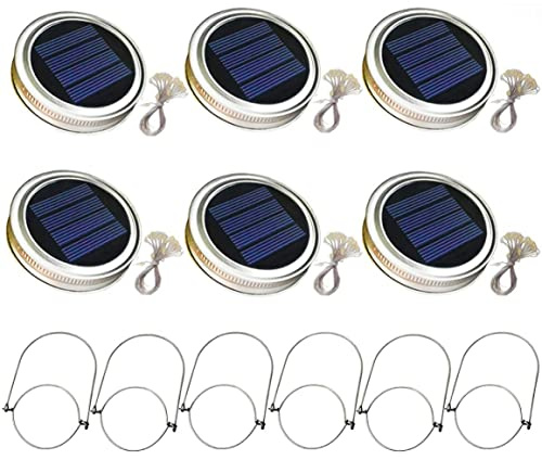 Odoukey Solar Mason Jar Lid Light with 2m String Lights and Handle 20 LEDs Hanging Lantern Lamp for Garden Decoration White Light 6PCS