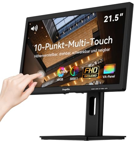 21.5 Zoll Touchscreen Monitor VA PC Touch Screen Kontrastverhältnis 3000:1 | Höhe/Drehung/Schwenk/Neigung einstellbar, 100% sRGB Touch Bildschirm FHD 1080P, 75Hz, Lautsprecher, HDMI, VGA, Typ-B, VESA