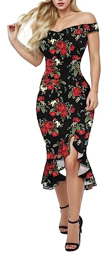 Damsommarklänning 2026 Volang Axelbas Lös Dam Kalla Blommor Slits Enkel Klänning Mode Vanlig Kortärmad Sexig(Red,S)