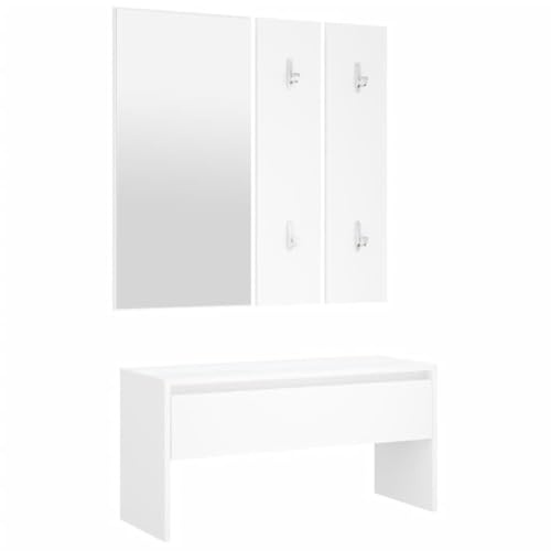 KPWENFBSL Ensemble de garde-robe blanc, ensemble de meubles de couloir en bois avec miroir, banc de couloir avec tiroir et 2 panneaux de garde-robe, garde-robe compacte pour entrée