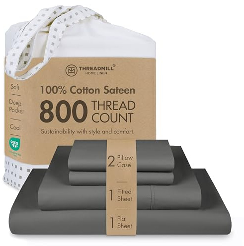 Threadmill Luxury 800 Thread Count King 100% Cotton Sheets - Dark Grey Sateen Weave Bed-Sheets, Better Than Egyptian Cotton,4 Pc Solid Soft Bedding Set, Fits 16 Deep Pocket