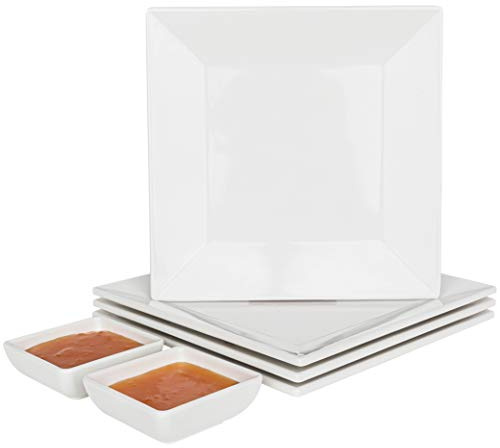 CHEFQ [4 Pack 10 x 10 White Square Melamine Plates, Unbreakable Elegant Dinnerware Set With Sauce Dish