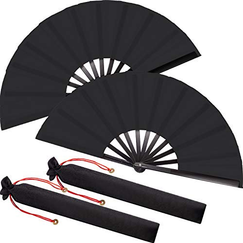 Grand Éventail en Soie Pliable Rouge en Soie Ventilateur Pliant de Tai Chi Chinois pour Hommes et Femmes, Ventilateurs Pliables à la Main pour la Performance/Danse/Décorations/Festival (Noir, 2)