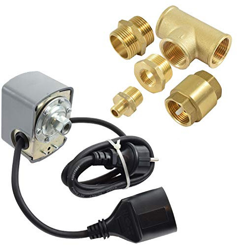 Agora-Tec® Mechanischer Druckschalter + Messing-Anschluss-Set (3) 1 Zoll + Rückschlagventil + Doppelnippel (Einschaltdruck ind Ausschaltdruck stufenlos einstellbar)