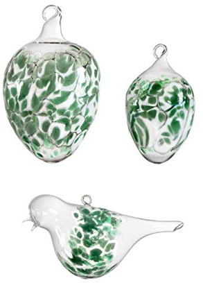 Glas - Oster - Deko Set grün 3 St. = 2 x Osterei + 1 Glasvogel mundgeblasen Lauscha