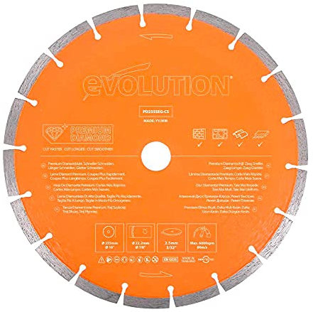 Evolution Hoja de diamante prémium de 255 mm para cortadora de disco de Evolution con elevada concentración de diamante, borde segmentado y orificio de 22,2 mm