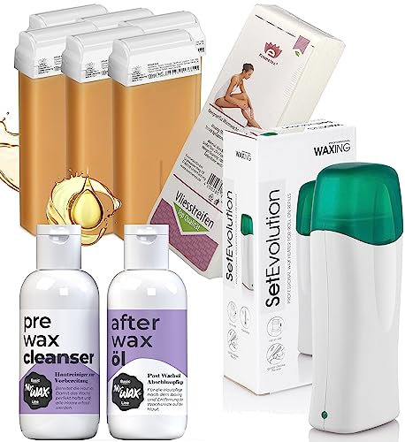 Kosmetex Wachswärmer Argan Waxing Set für Haarentfernung, 6x Wachspatronen Kit Roll On I 1x Waxing Gerät, Vliesstreifen, Haut-Reiniger, After Wax Öl je 150ml
