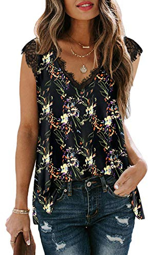 Aokosor Ladies Tops V Neck Lace Summer Vests Womens Casual Sleeveless Tank Black Floral Size 14-16