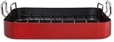Servappetit 20 lb. Roasting Pan with Rack, Non-Stick, Hard-anodized with teflon-coating, 18-in x 12-in x 4.25-in, Red