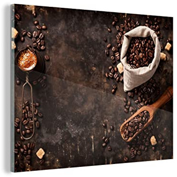 MuchoWow Glasbild Glasfoto Wandbild Bilder Deko 80x60 cm Kaffeebohnen - Kaffee - Beutel