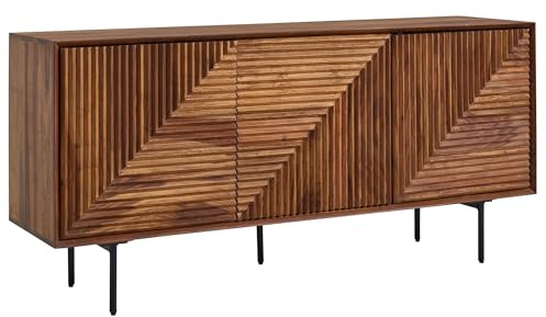 FineBuy Sideboard 148x40x72 cm Sheesham Massivholz Natur mit Türen | Kommode im Retro Stil mit schwarzen Beinen, Anrichte aus Echtholz mit viel Stauraum, handgefertigtes Unikat