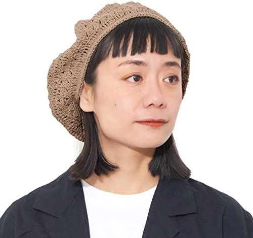 CHARM Baskenmütze Damen Beret Häkelmütze Barrett - Sommer Mütze Pantomime Französische Mütze Strickmütze Lochmuster Beige