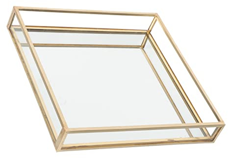 Cabilock Bandeja Decorativa de Tocador de Vidrio Marco de Latón, Tamaño 16x16x2,5 Cm, Organizador Pequeña para Joyas y Perfumes, Accesorios para Baño y Decoración del Hogar