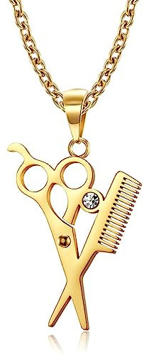 Bishilin Halskette Edelstahl 65CM, Herren Kette Gold mit Anhänger Personalisiert Scheren Kamm Halskette Charm für Männer