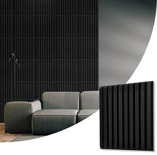 NOVECRAFTO Fluted Line Effect 3D Wall Panels - Pack of 10 Sheets 26.91 sqft (2.5 sqm) - Decorative Cladding Panel Size 19.6x19.6 (50x50cm) - PVC Wall Panelling Fluted Line Design in Matte Black