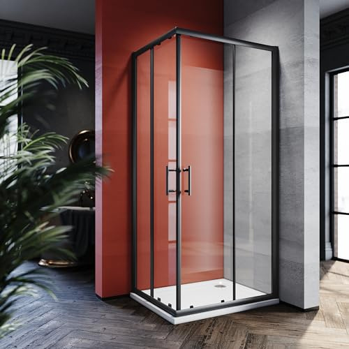 SONNI Duschkabine Eckeinstieg 76x90x195cm, Schiebetüren, 5mm ESG, Schwarz | Kompakte Duschkabine mit Doppel-Schiebetür, H-Griff und Aluminiumrahmen. Perfekt für kleine Badezimmer.