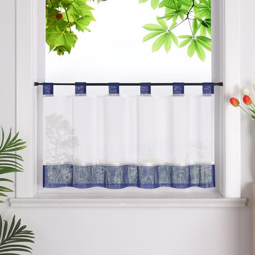 HeichkelL Scheibengardine, Leinenoptik Gardine, Dunkelblau HxB 45x120 cm | Küchengardine mit Schlaufen, Halbtransparent Bistrogardine, Landhausstil Kurzstores