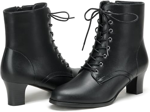 ErikenUrben Women Lace-Up Ankle Boots with Side Zipper Mid Block Heel Black Boots for Work Daily Wear Victorian Inspired Style Black Size 41