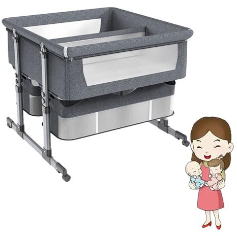 ZYJIX Zwillings-stubenwagen-nachtbett – Abnehmbarer Stoffbezug, Faltbares Reisebett, Idealer Nachttisch Für Bequemes Schlafen – Baby-schlafbett(Color:Dark Gray)