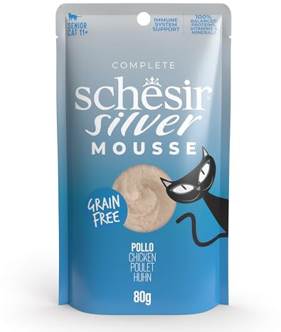 Schesir Silver, Pollo En Mousse, Alimento Húmedo Completo para Gatos Mayores, Sin Cereales, Apoya El Sistema Inmunitario, Rico En Hidratación, 12 X 80g