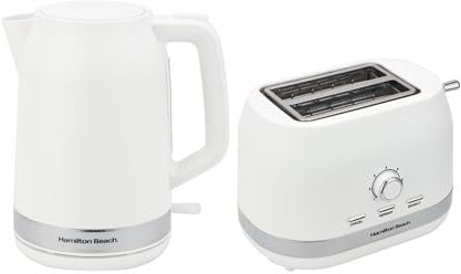Hamilton Beach Kettle and Toaster Set, Ella, 1.7L Kettle, 2 Slice Toaster, Boil Dry Protection, Removable Filter, 7 Browning Levels, Removable Crumb Tray, White - HBELLAMW