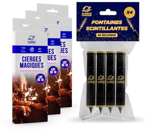 PLANETE FUMIGENE Lot de 4 Fontaines à Gateaux 1 Minute + 30 Cierge Magique 40 Secondes, idéal pour Décoration de Gateaux, Bougie étincelante Accessoire déco pour anniversaire Catégorie F1