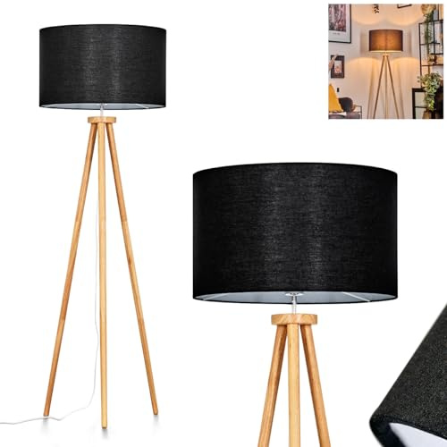 Stehleuchte Flemming, Stehlampe aus Holz/Stoff in Naturfarben/Schwarz/Weiß, Leuchte im skandinavischen Design mit rundem Schirm (Ø 50 cm) u. Fußschalter, Höhe 155 cm, 1 x E27, ohne Leuchtmittel