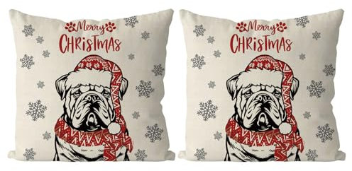 QIONG MENG Weihnachts-Kissenbezüge, 45,7 x 45,7 cm, Set mit 2 Stück, englische Bulldogge, Weihnachtsdekoration, Weihnachtsdekoration, für Zuhause, Sofa, Wohnzimmer, dekorativer Kissenbezug