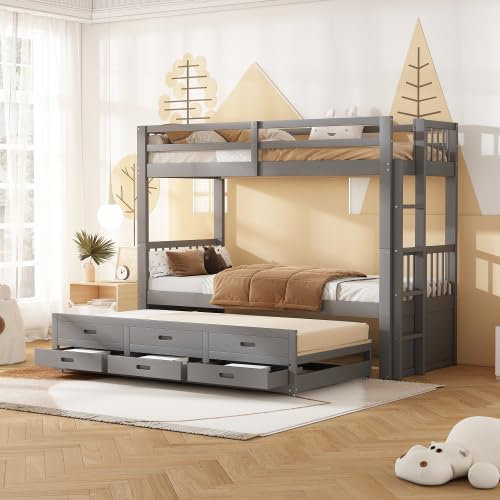 Modernes Kinder-etagenbett Mit Leiter, Ausziehbarem Rollbett Und 3 Schubladen, Perfekt Für Kinder- Und Jugendzimmer (matratze Nicht Im Lieferumfang Enthalten)(Color:Grau)