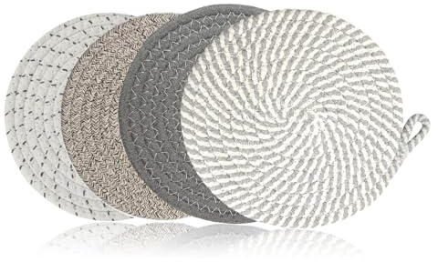 LWLWA Topf Untersetzer, 4 Stück Baumwolle Faden Weben Matte, 20 cm, Baumwolle Pfannenschoner, mit Hängenden Ohren, 4 Farben, Gewebte Isolierte Topflappen, für Töpfe Und Pfannen