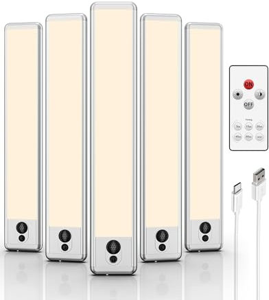 EZVALO Under Cabinet Kitchen Lights, 5 Pack of 3500K Dimmable Wireless Motion Sensor Lights Indoor with Remote Control, LED Night Lights for Kitchen,Wardrobe and Cupboard