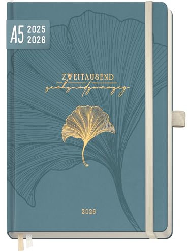 Häfft® Wochen-Notiz-Kalender 2025/2026 A5 - Buchkalender für 18 Monate: Jul 25 - Dez 26 Blue Ginkgo - Hardcover mit Folienprägung- nachhaltig & klimafreundlich