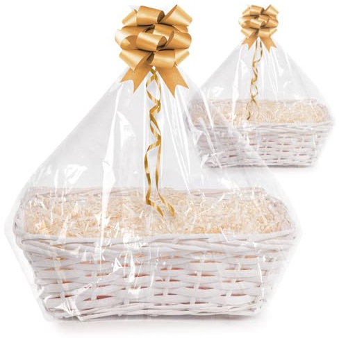 Woodluv DIY Set of 2 Wicker Gift Hamper Basket Kit Create Your Own Festive Present - Includes Cellophane, Shredding Paper & Ribbon - White