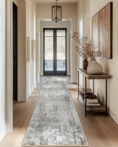 DEFYNEE Teppich Läufer 60 x 180 cm, rutschfest Teppichläufer, Kurzflor Küchenläufer, Waschbar, Faltbar, Abstraktes Design für Eingang, Küche, Wohnzimmer & Büro, Grauweiß