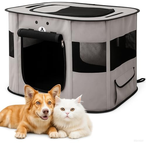 ALLSOPETS Welpenauslauf Faltbar, Laufstall für Hunde, Aschgrau, XL | Tragbarer Welpenlaufstall für Hunde und Katzen mit Tragetasche, Indoor Outdoor Hundebox für Reisen, Camping und Zuhause