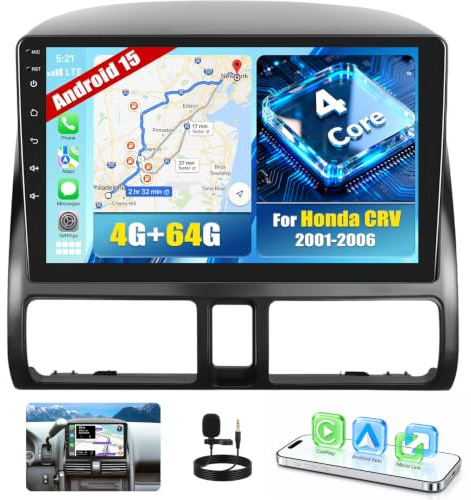 OiLiehu 4G+64G Android 13 Autoradio pour Honda CRV 2001-2006 avec CarPlay Android Auto sans Fil, 9“ IPS Écran Tactile Radio avec GPS WiFi Lien Miroir Bluetooth FM/RDS EQ SWC Caméra Arrière