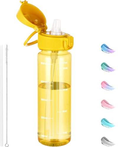 GOPPUS 500ML/17OZ Clear Tritan Water Bottle with Straw Transparent Childrens Drinks Bottle with Carrying Handle See Through Measured Bottles with Flip Top Lid Leakproof Adults Water Bottles BPA Free