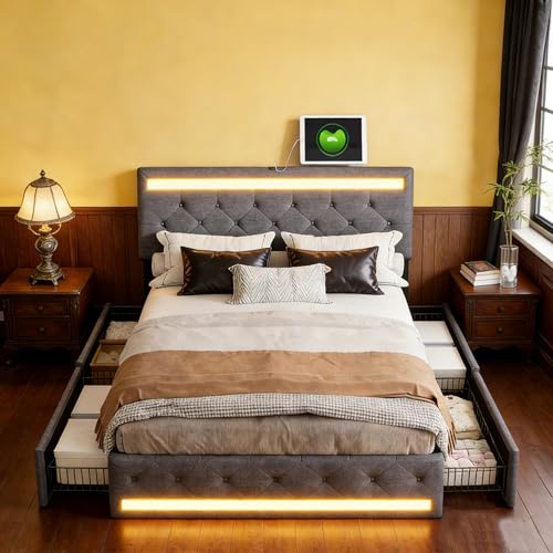 BRYXR Doppelbett 160x200 cm mit LED-Beleuchtung, 4 rollenden Schubladen & USB-Ladeanschlüssen,Elegantes Polsterbett mit praktischem Stauraum, ohne Matratze (Grau)