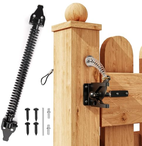 14 Inch Gate Spring Closer & Self Locking Gate Latch Set – Heavy Duty Carbon Steel Self Closing Gate Closer with Black Coated Cable Pull Latch for Wooden, Metal, Fence, Garden, Shed Doors